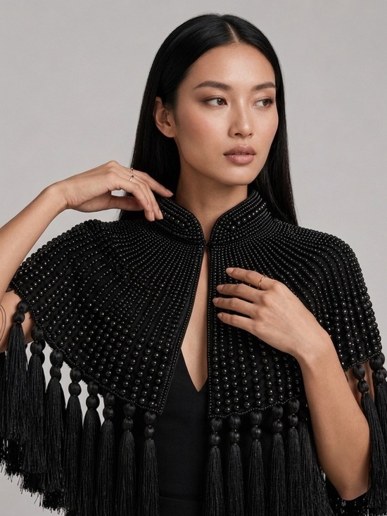 Ljai amor Jackets & Blazers - Black Beaded Tassel Capelet - Elegant Women's Cape
